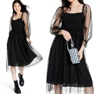 Sandy Liang X Target Black Mesh Dress Size Small Smocked Long Sleeves Tulle